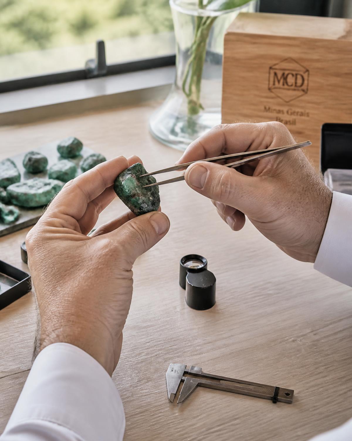 Gemólogo examinando um cristal de esmeralda bruto